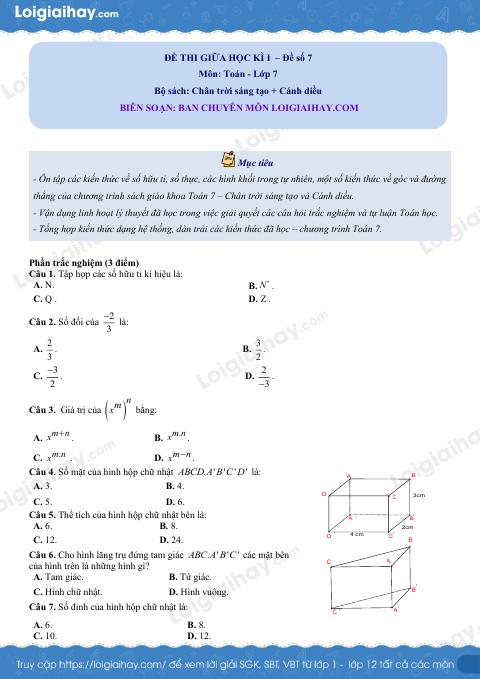 Đề thi giữa kì 1 Toán 7 - Đề số 7